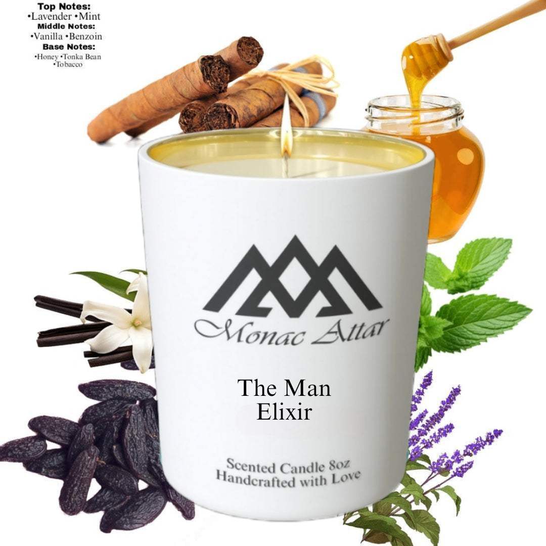 Fragrance notes of The Man Elixir Candle – home fragrance profile inspired by designer classics