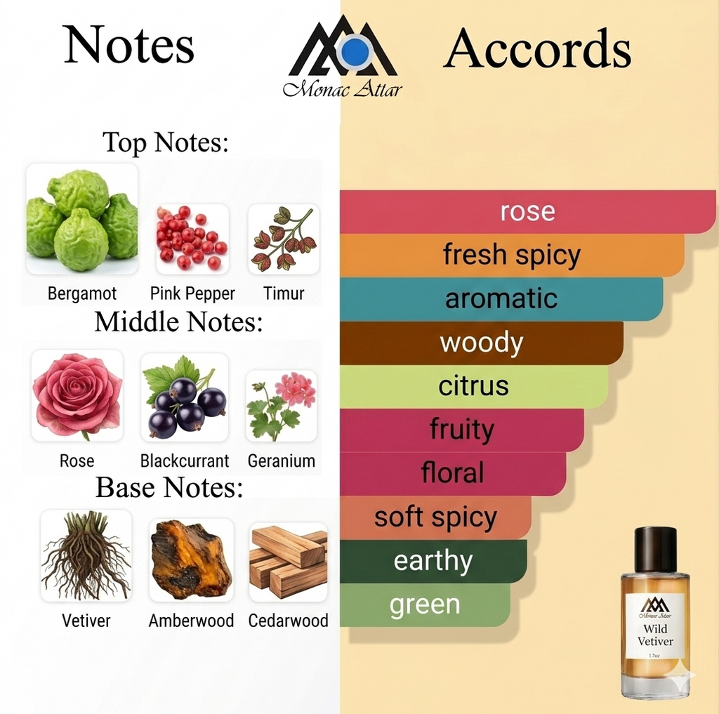 Perfume accord chart with notes, accords, and Monac Altar branding.