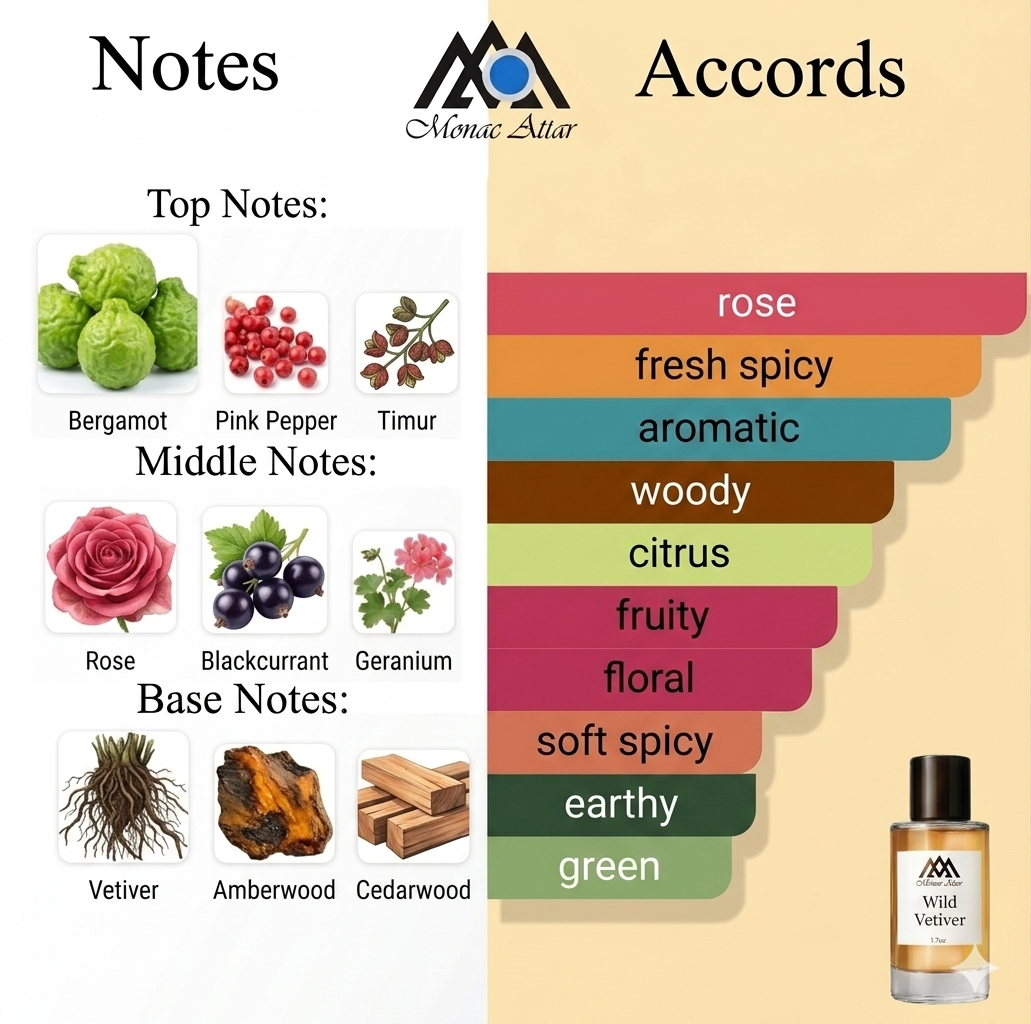 Perfume accord chart with notes, accords, and Monac Altar branding.