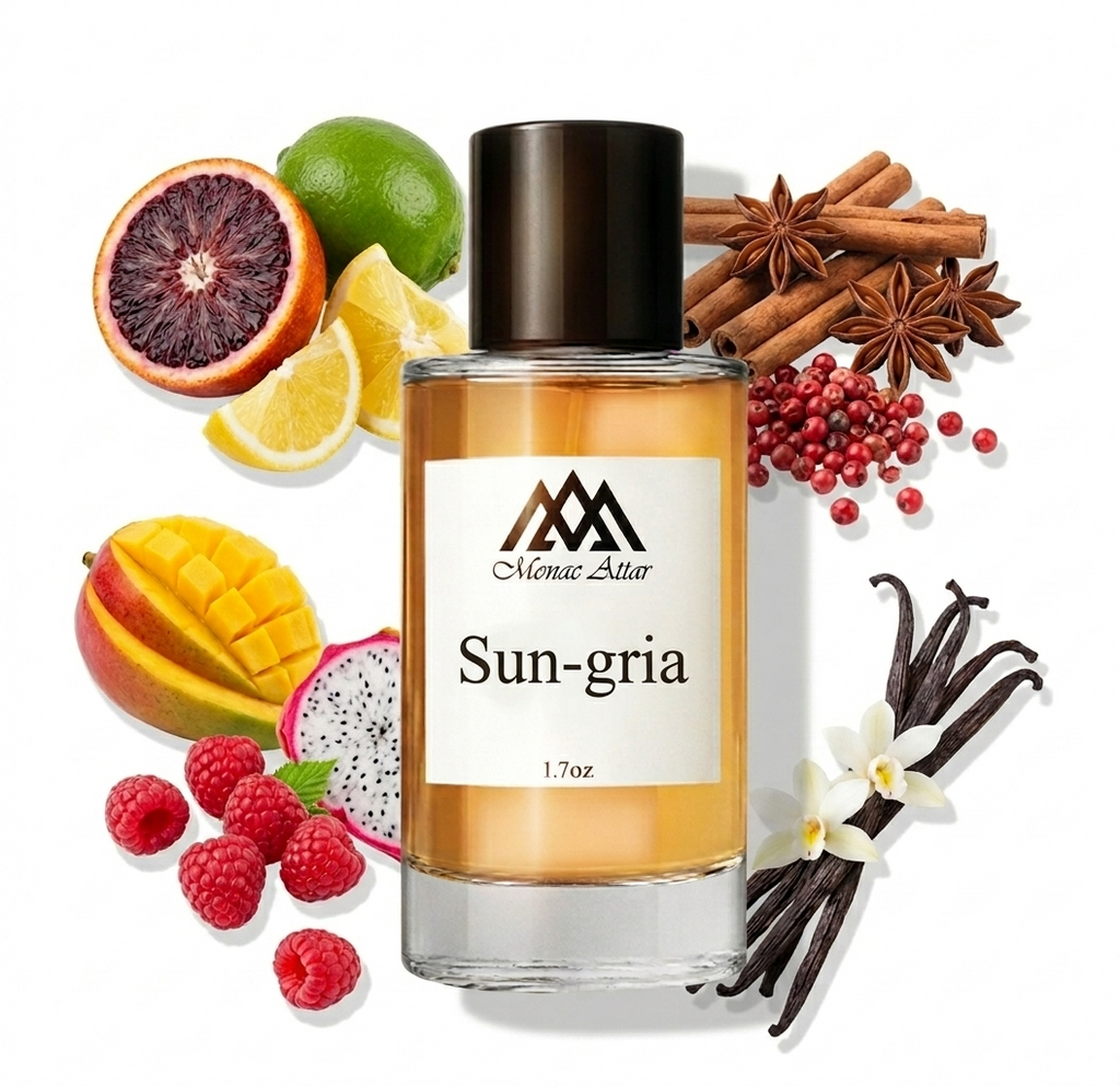 Perfume bottle labeled 'Sun-gria' surrounded by fruits and spices on a white background