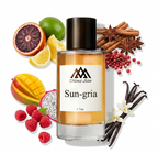 Perfume bottle labeled 'Sun-gria' surrounded by fruits and spices on a white background