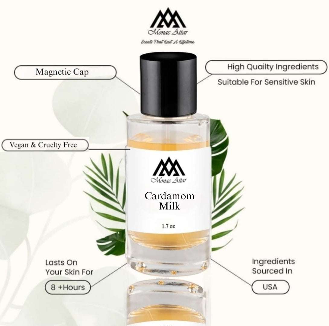 Cardamom Milk Gourmand Fragrance, a creamy milk, cardamom spice scent that's savory, warm, spicy, slightly sweet scent profile, vegan and cruelty free, magnetic cap, high quality 