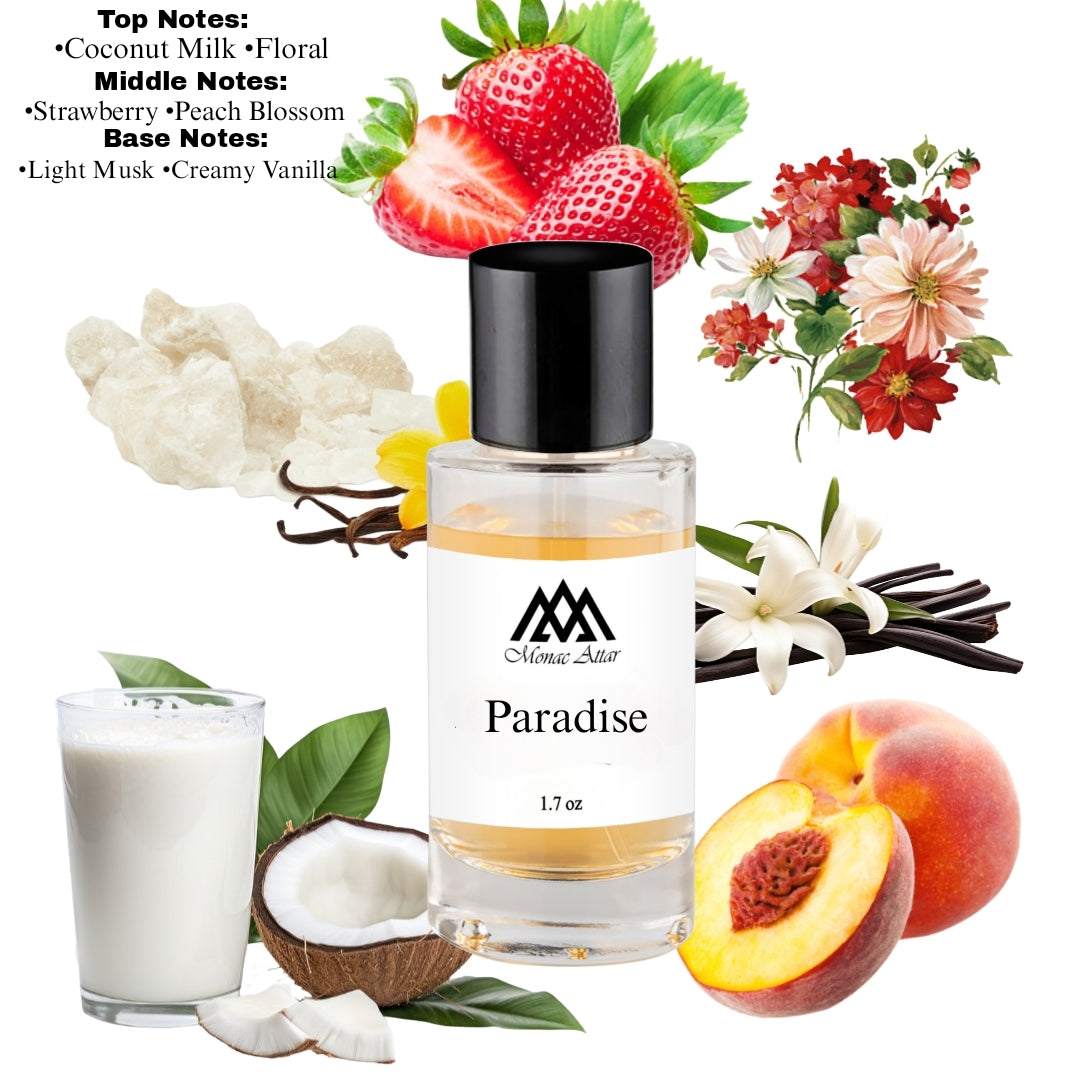 Paradise Fragrance, a tropical and herbal scent, sweet floral aroma, bursting in fruity notes and vanilla notes
