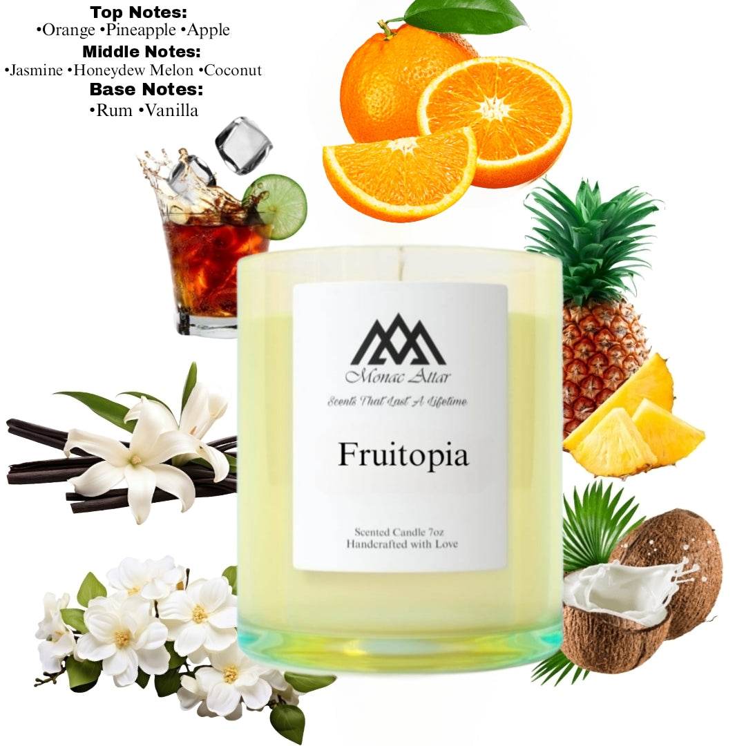 Fruitopia gourmand candle, luxury scent, notes, a tropical fruity fusion transforming into a cocktail with added rum 