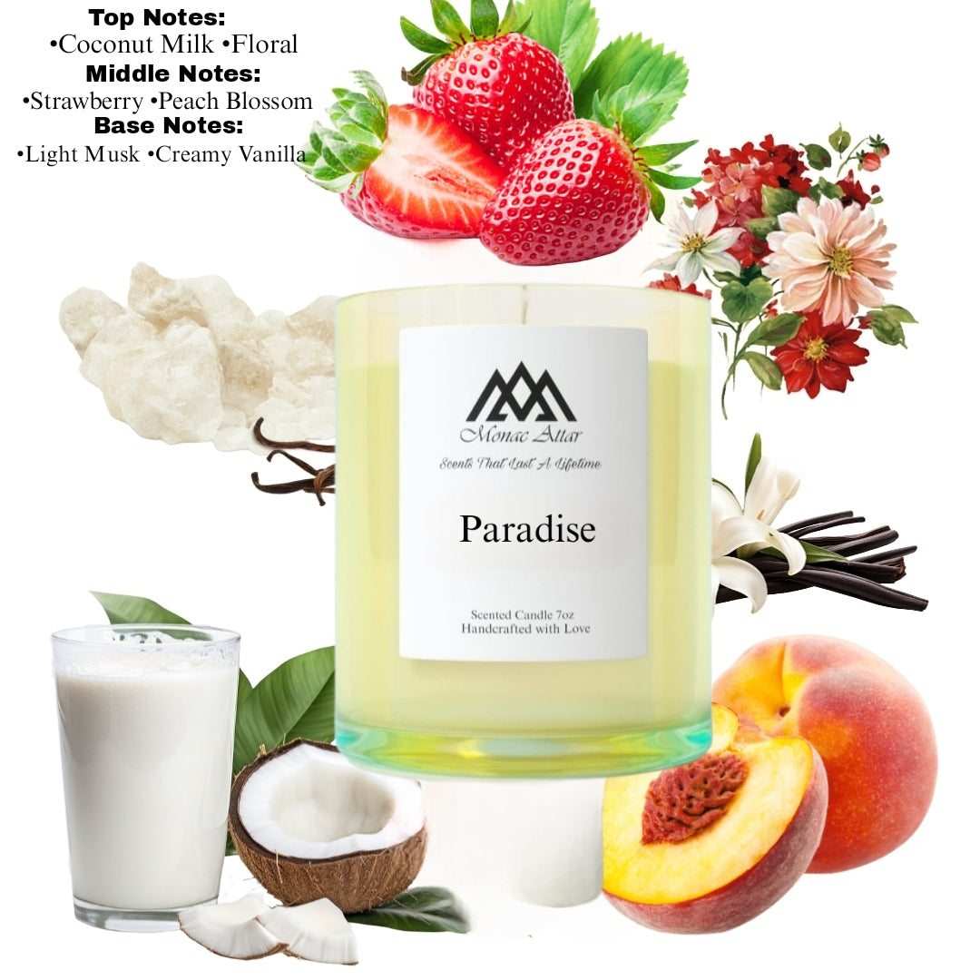 Paradise gourmand candle, luxury scent, notes, tropical and herbal scent, sweet floral aroma 