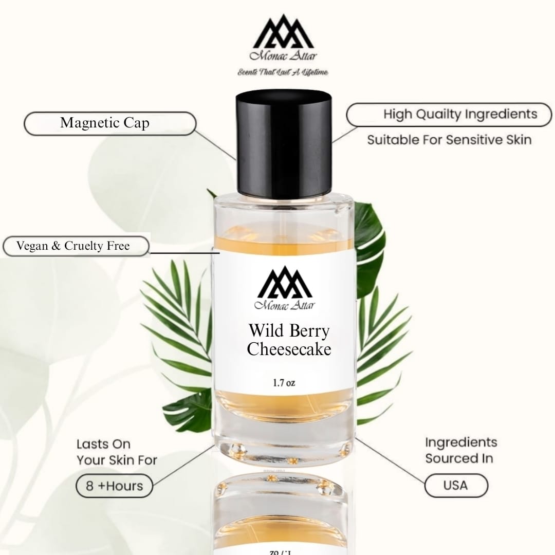 Wild berry cheesecake gourmand fragrance, sweet, savory, luxury, magnetic cap, vegan and cruelty free, long lasting