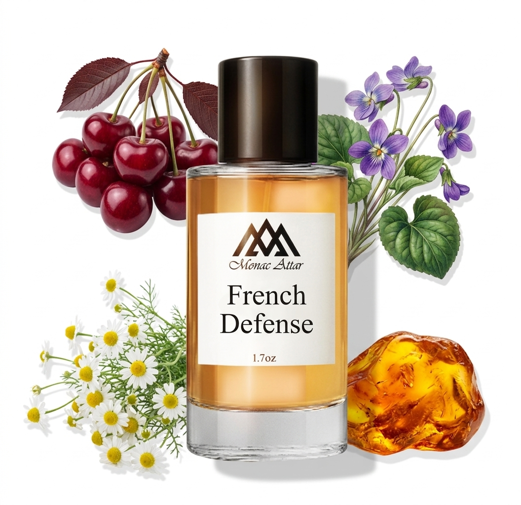 Monac Altar French Defense perfume bottle with floral and fruit elements on a white background