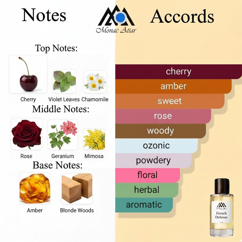 Perfume accord chart with notes, accords, and a Monat product on a black background